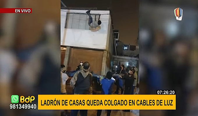 SJM: Ladrón queda tendido en cables de luz luego de intentar robar una vivienda (Video)